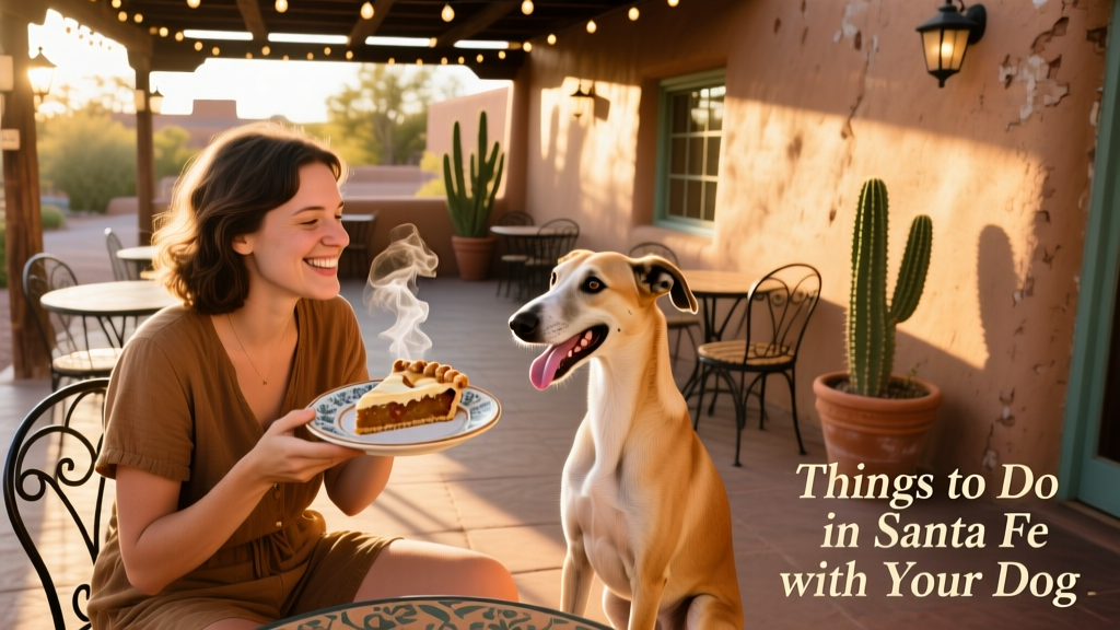 A top-down view of a person holding a slice of pie at an outdoor table while a light brown greyhound sits happily beside them, tongue out, in a Santa Fe café setting