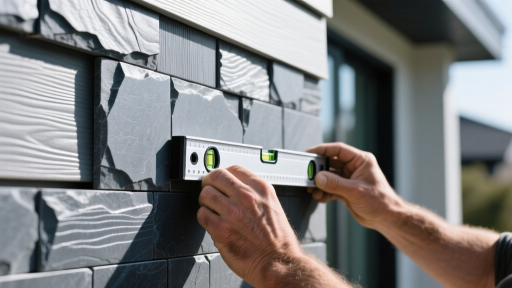 Close-up of interlocking manufactured veneer stone panels in slate gray being installed on an exterior home facade by a mason using a level