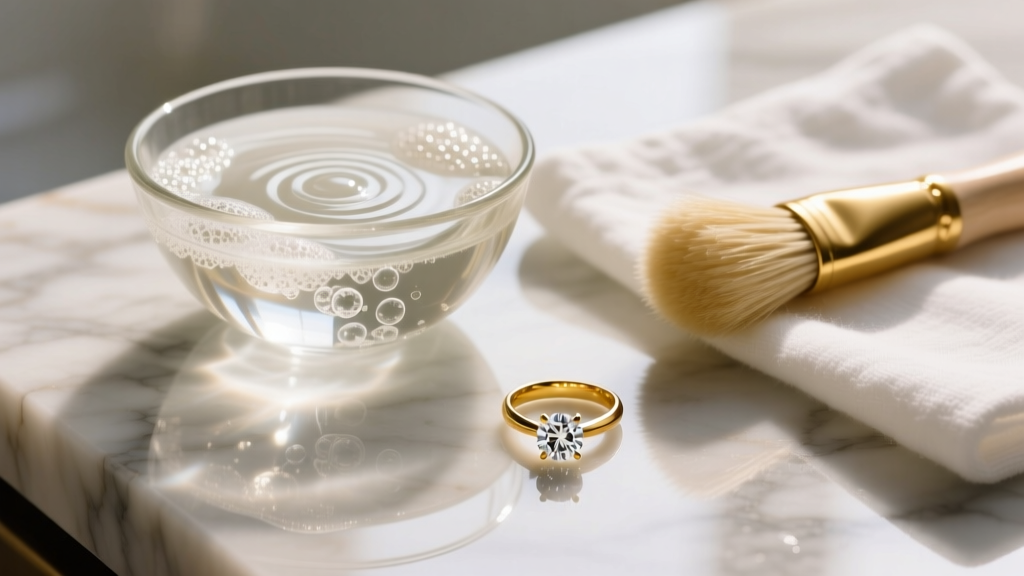Soapy water in a glass bowl, soft brush, and cloth on marble next to a polished 14k yellow gold diamond solitaire ring.