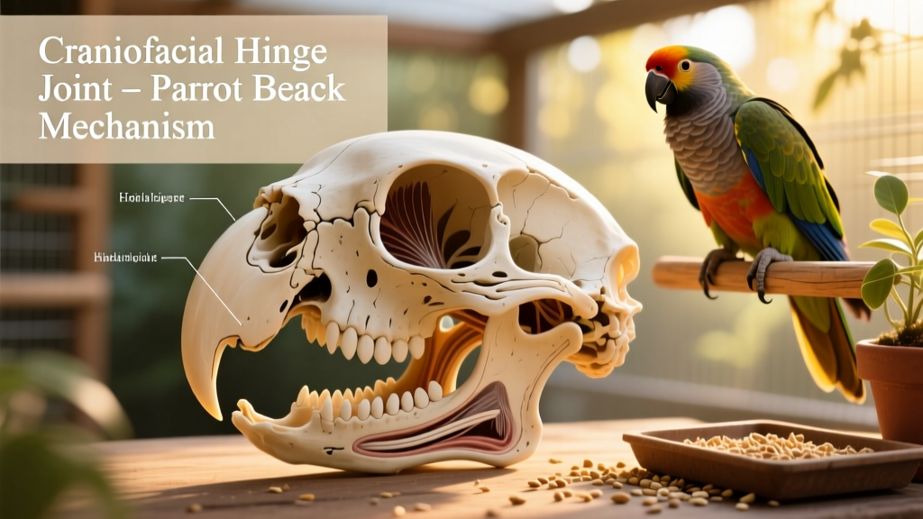 Diagram highlighting the craniofacial hinge joint in a parrot skull, showing how the upper jaw pivots separately from the lower jaw