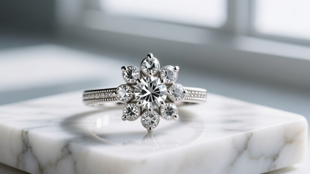 Macro view of an Edwardian platinum daisy ring with old mine cut diamonds and millegrain edges, resting on a white marble slab.