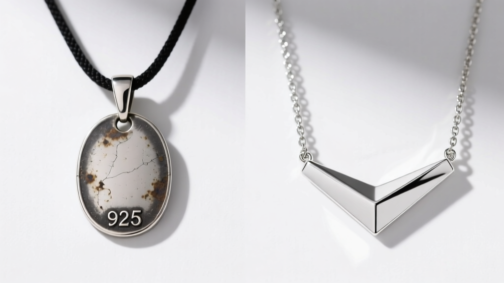 Side-by-side comparison of a tarnished bare 925 sterling silver pendant versus a bright rhodium-plated silver teen necklace.