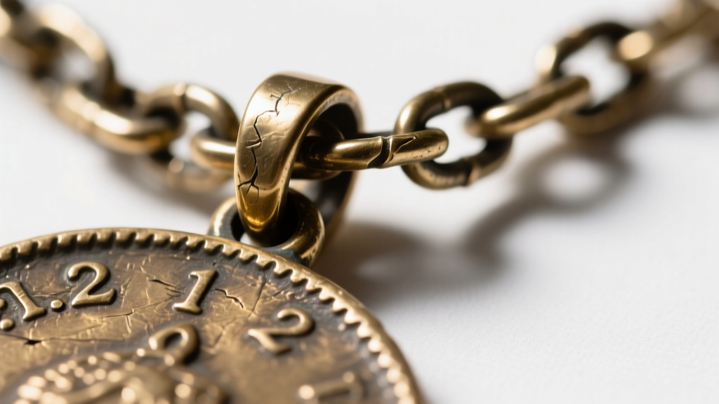 Magnified view of a 1.2mm rolo chain snagged on the rough edge of a cast brass Ottoman coin pendant bail under bright lighting.