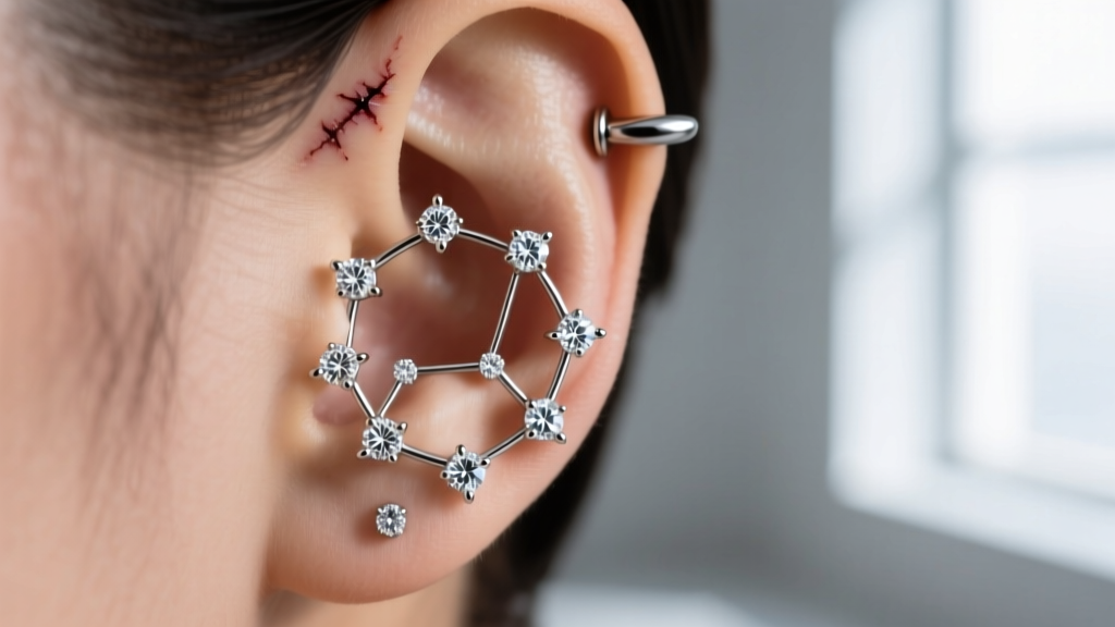 Close-up of a healed constellation ear curation featuring 16-gauge threadless titanium flat-back labrets with prong-set diamonds