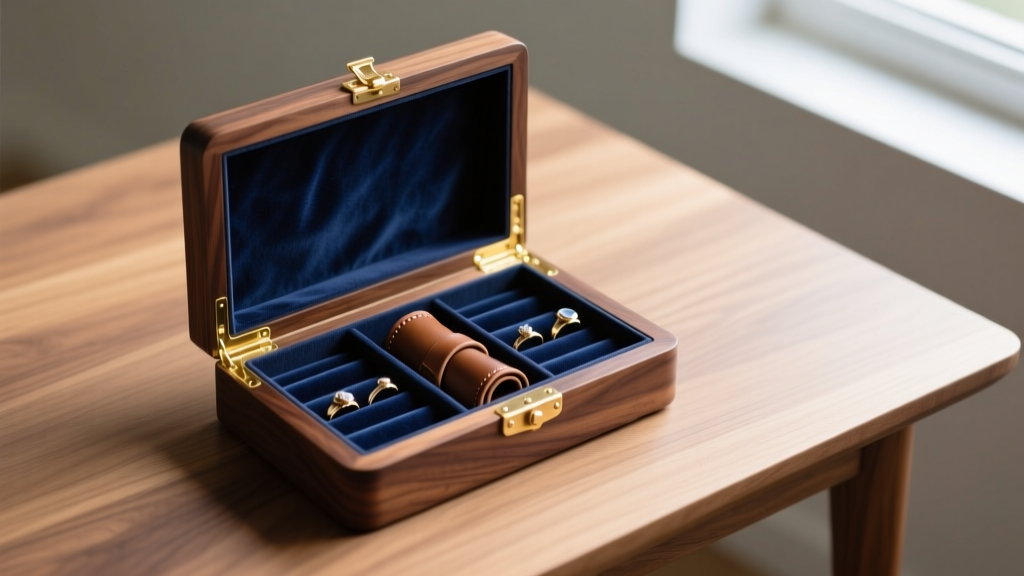 Top view of open walnut jewelry box on desk featuring navy anti-tarnish velvet lining, ring rolls, and brass quadrant hinges.