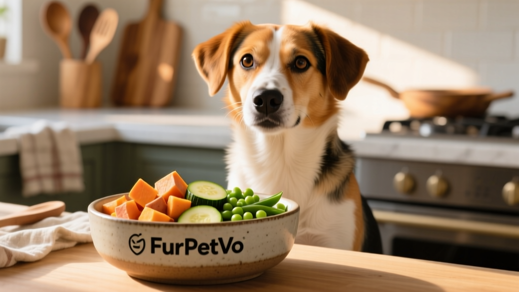 A happy medium-sized dog sitting beside a shallow dish holding a mix of diced sweet potato, zucchini, and steamed peas, with a FurPetVo logo subtly visible on the bowl's edge