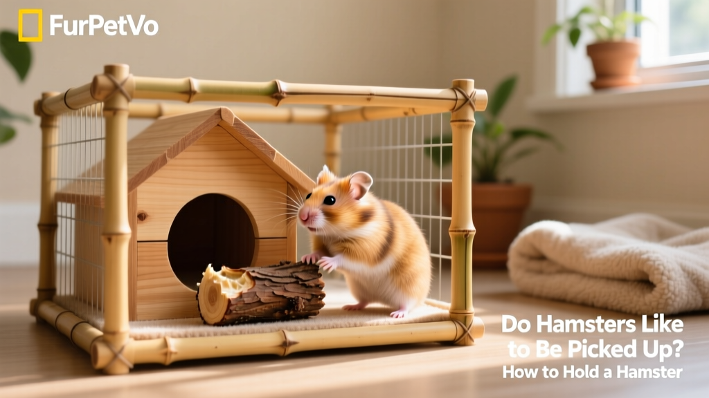 A fully assembled FurPetVo small-pet playpen with a hamster exploring a wooden hideout and chew toy inside