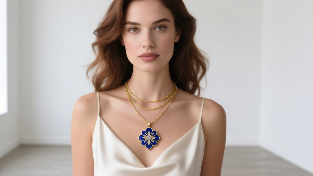 Woman wearing a layered necklace set with a delicate gold satellite chain and an ornate Anastasia enamel pendant over a silk top