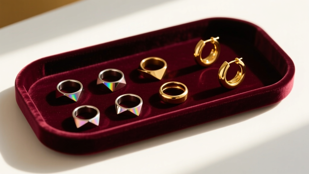 Overhead shot of a velvet tray holding 18-gauge niobium clicker rings and 14k solid gold huggies illuminated by warm sunlight