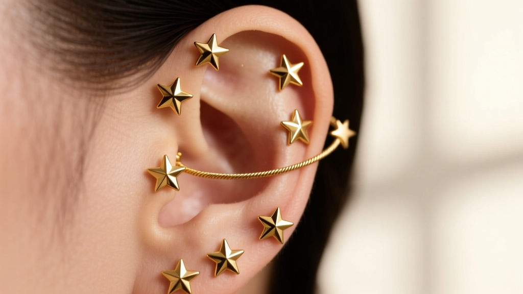 Close-up of an ear featuring an asymmetrical constellation of solid 18k gold 4-point star studs and a delicate celestial threader.