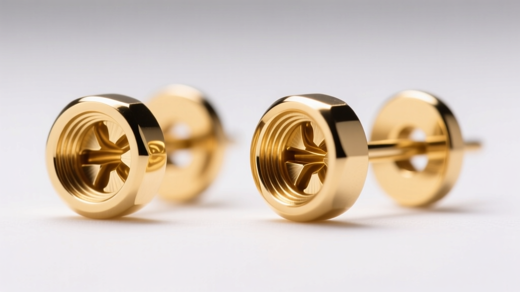 Macro view of 14k gold internally threaded earring parts, highlighting delicate screw threads under bright studio lighting.