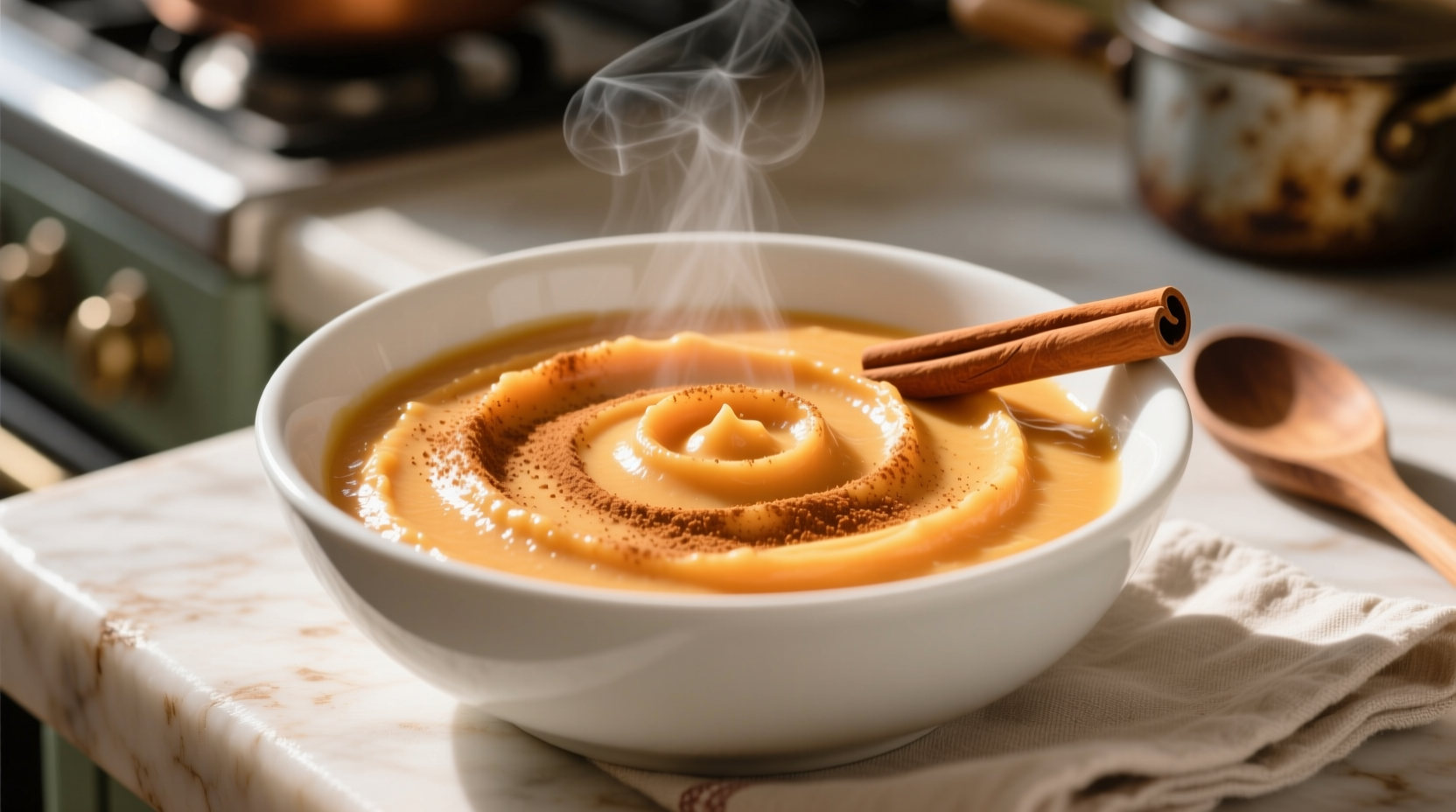 Smooth sweet potato puree in white bowl with cinnamon