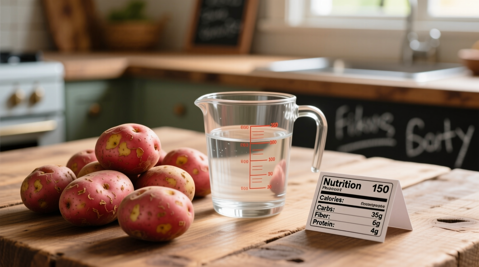 Red potatoes with measuring cup and nutrition facts