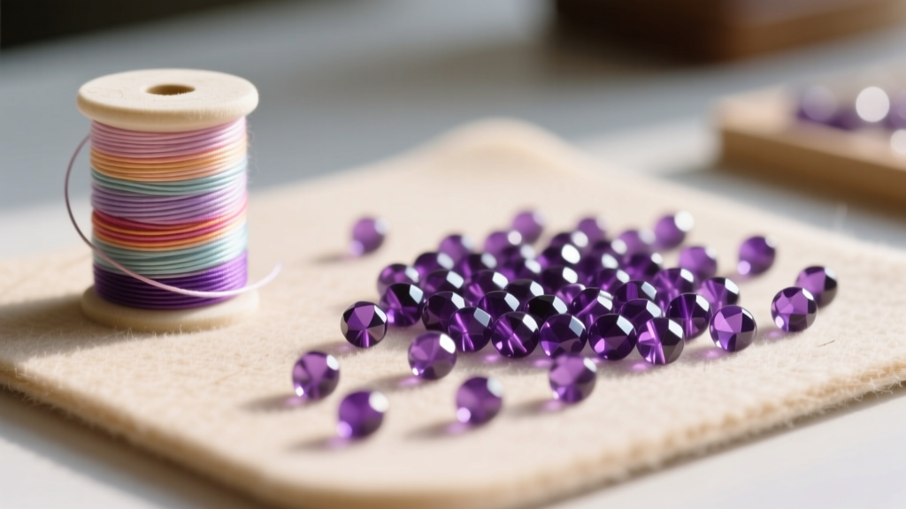 Close-up of a beginner beading workstation with a felt mat, 49-strand wire spool, and scattered 8mm amethyst gemstone beads.