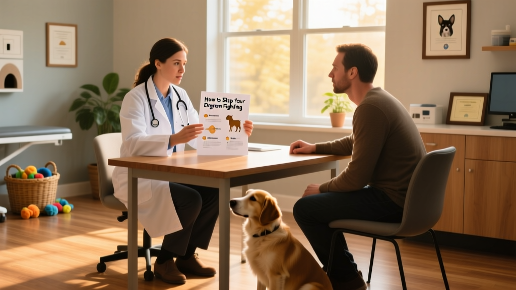 A veterinarian reviewing a behavior plan with a pet parent while referencing a printed handout