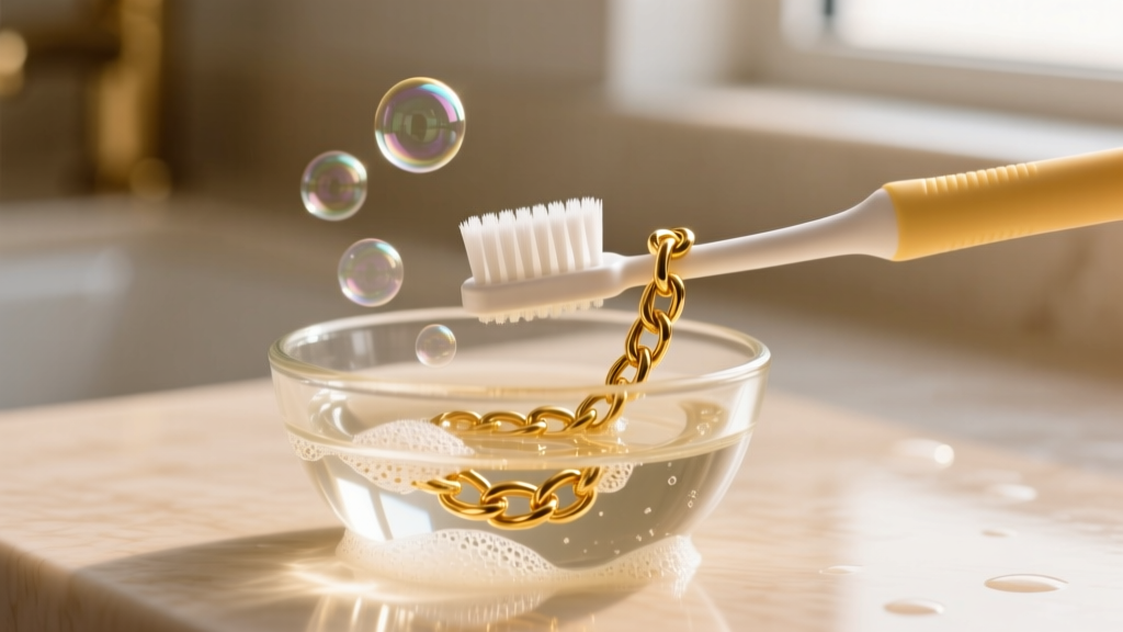 A soft-bristled baby toothbrush gently scrubbing a gold-plated rapper chain link in a small glass bowl of warm soapy water