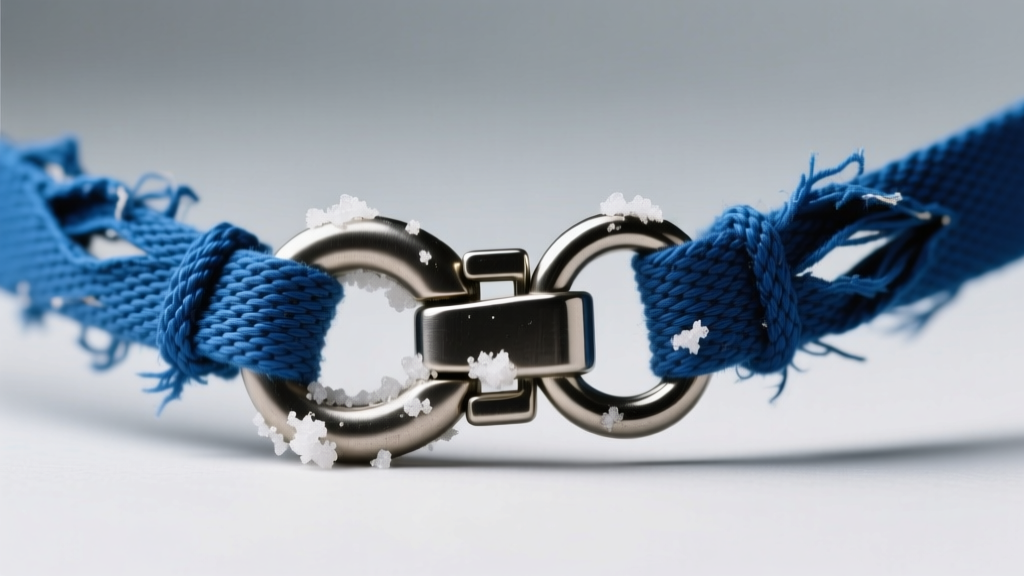 Close-up of a steel lobster clasp on a frayed blue polyester athletic necklace, showing visible wear and white salt residue.