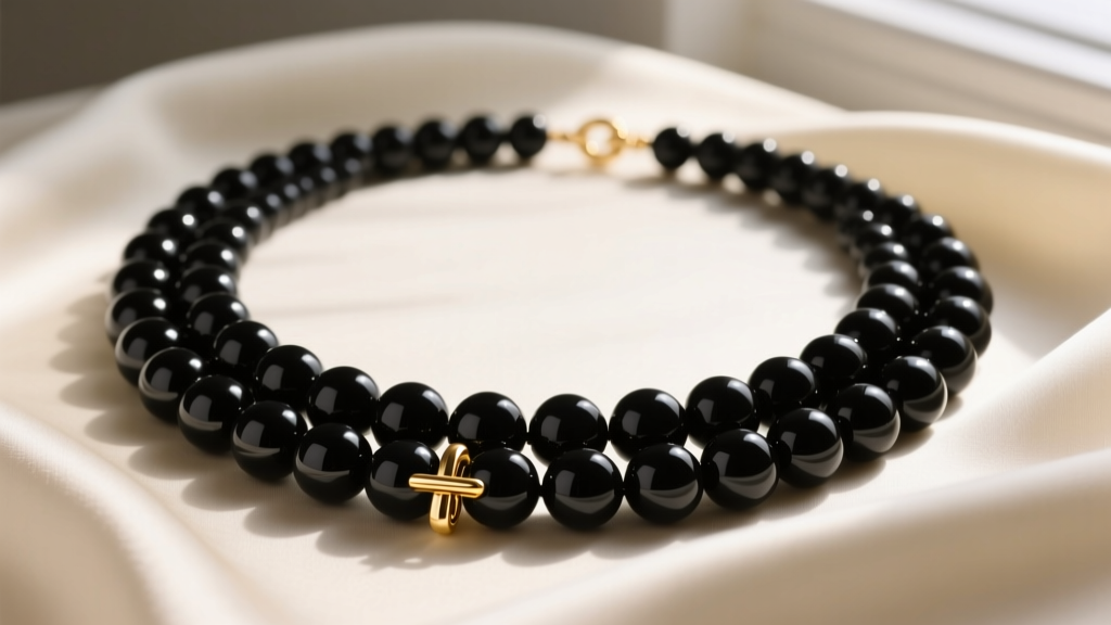 Opera length black onyx bead necklace draped over cream silk, showing high-polish luster and a gold toggle clasp in soft light