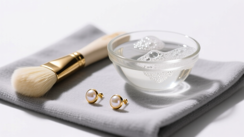Soft bristle brush, soapy water bowl, and gold stud earrings on a gray microfiber cloth under bright studio lighting.