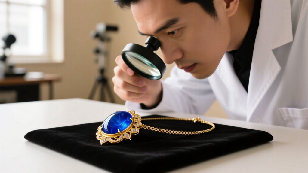 Jeweler using a loupe to inspect a blue jade cabochon, examining the bezel setting of an 18k gold necklace to ensure a secure fit