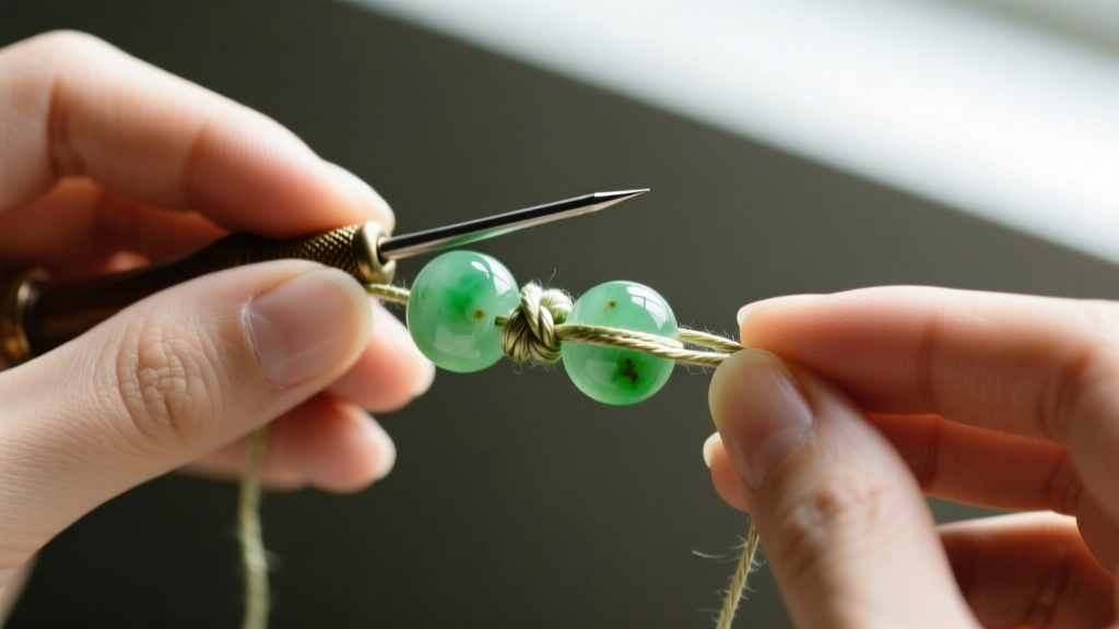 Close-up of hands using a bead awl to tie a tight silk knot between two 10mm vintage apple-green jade beads during restringing