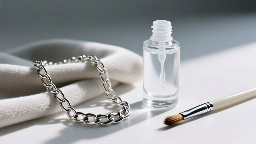 Sterling silver chain on a microfiber cloth beside a glass bottle of clear jewelry sealant and a fine application brush.