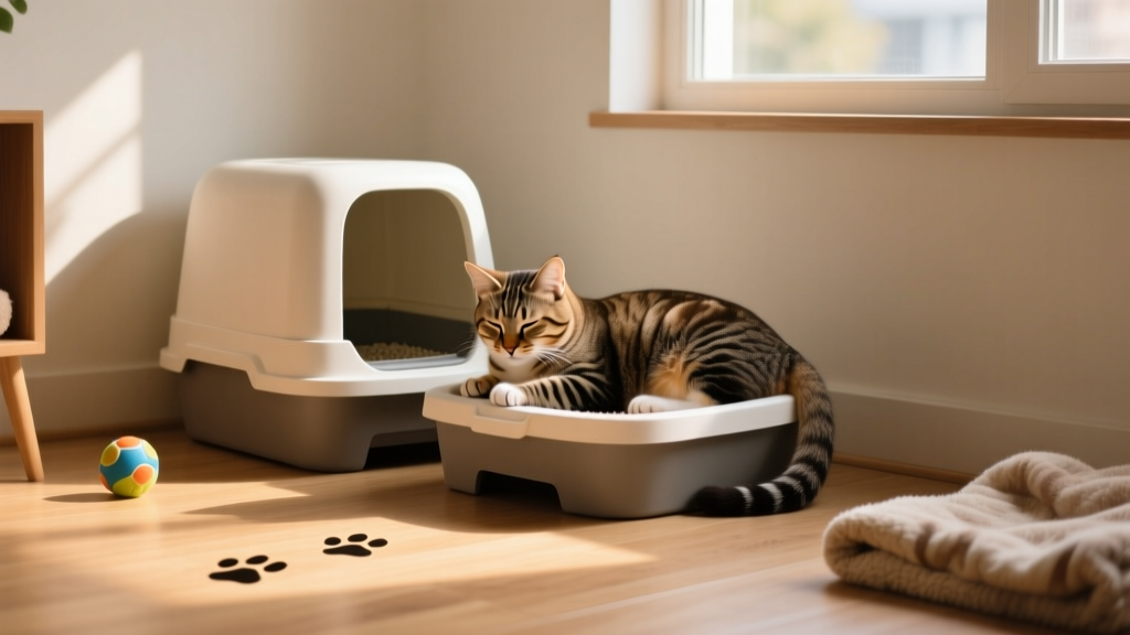 Cat calmly resting near a clean, accessible litter box placed in a quiet corner with natural light