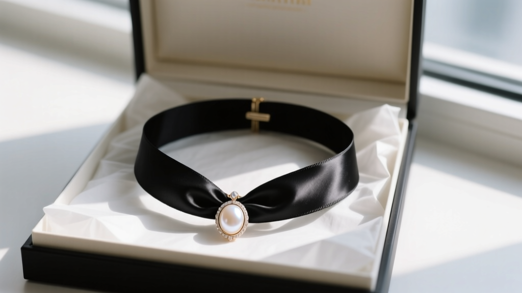 Open box displaying a black silk ribbon elegant choker necklace with a pearl cameo pendant resting on soft white tissue paper.