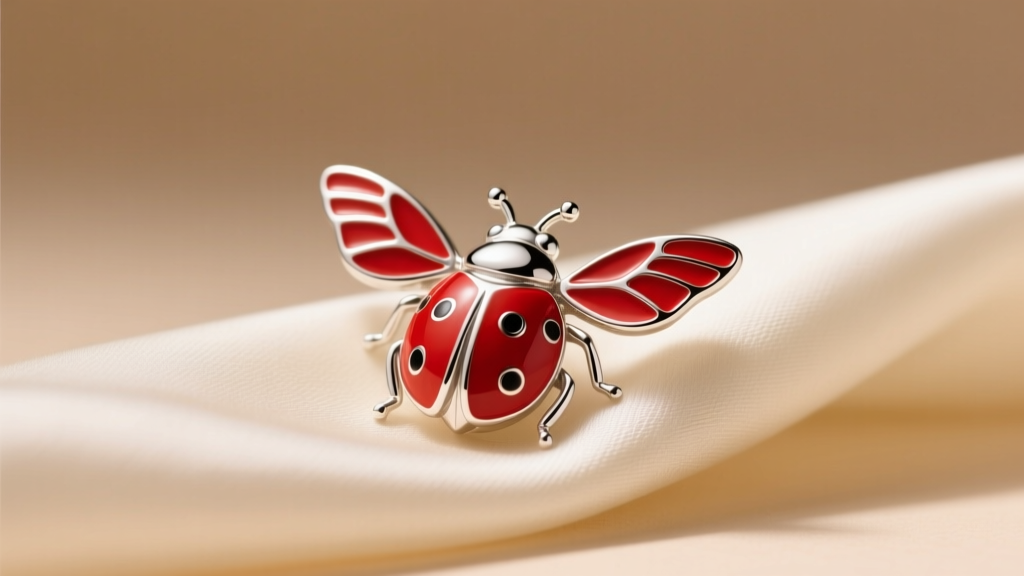 A sterling silver ladybug pendant with red enamel wings resting on soft silk, illuminated by warm studio lighting.