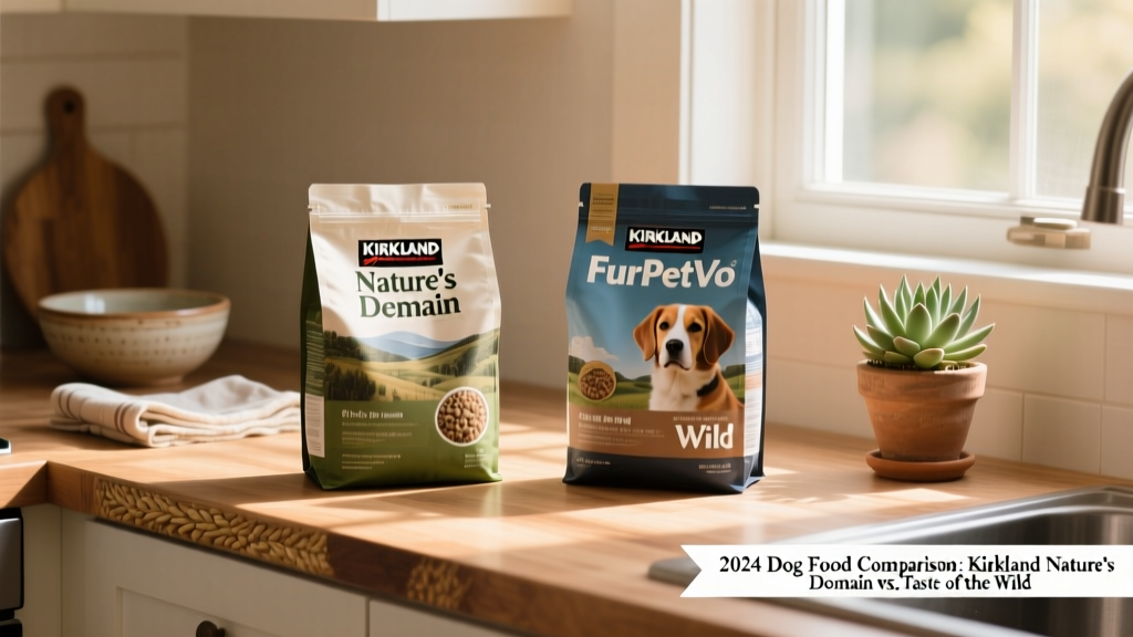 Side-by-side photo of Kirkland Nature’s Domain and FurPetVo dog food bags on a clean kitchen counter