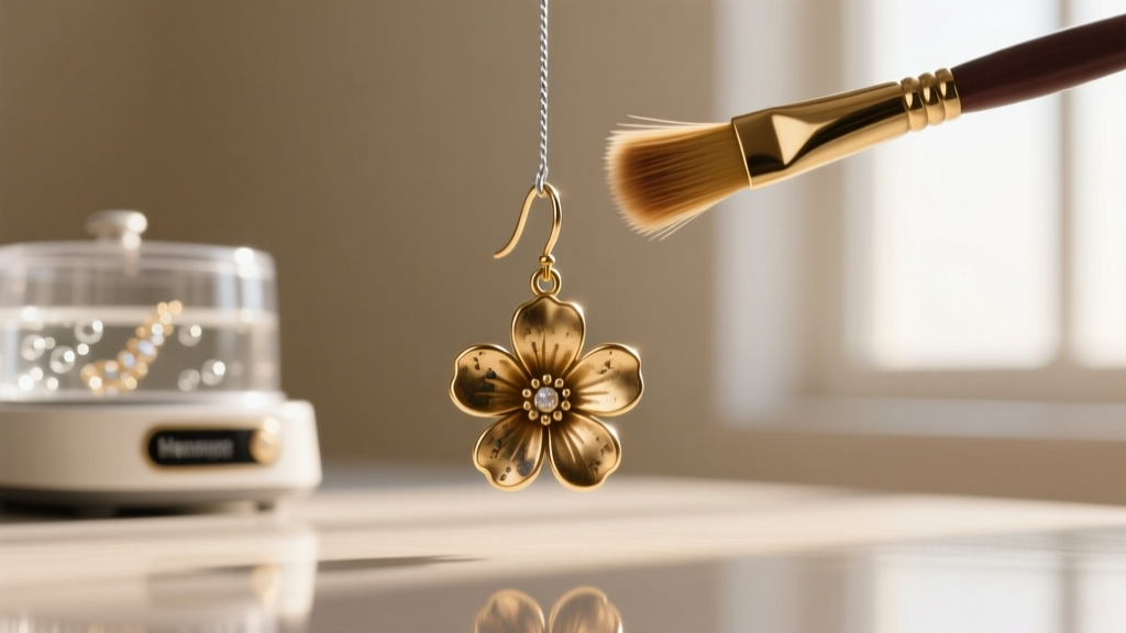 Soft brush cleaning oxidized crevices of a brass flower earrings dangle, an ultrasonic jewelry cleaner blurred in the background.