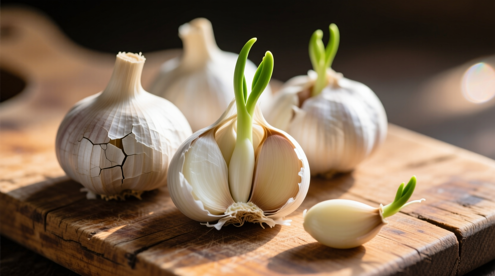 Fresh garlic cloves with sprouts on wooden cutting board