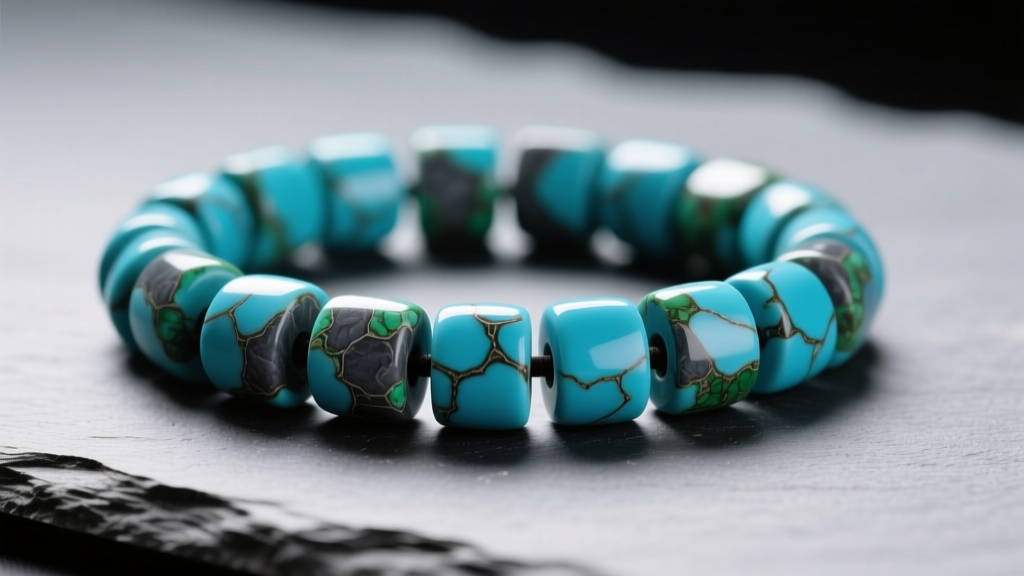 Macro shot of hand-rolled Kingman turquoise heishi beads showing natural matrix and slight organic shape irregularities on a slate