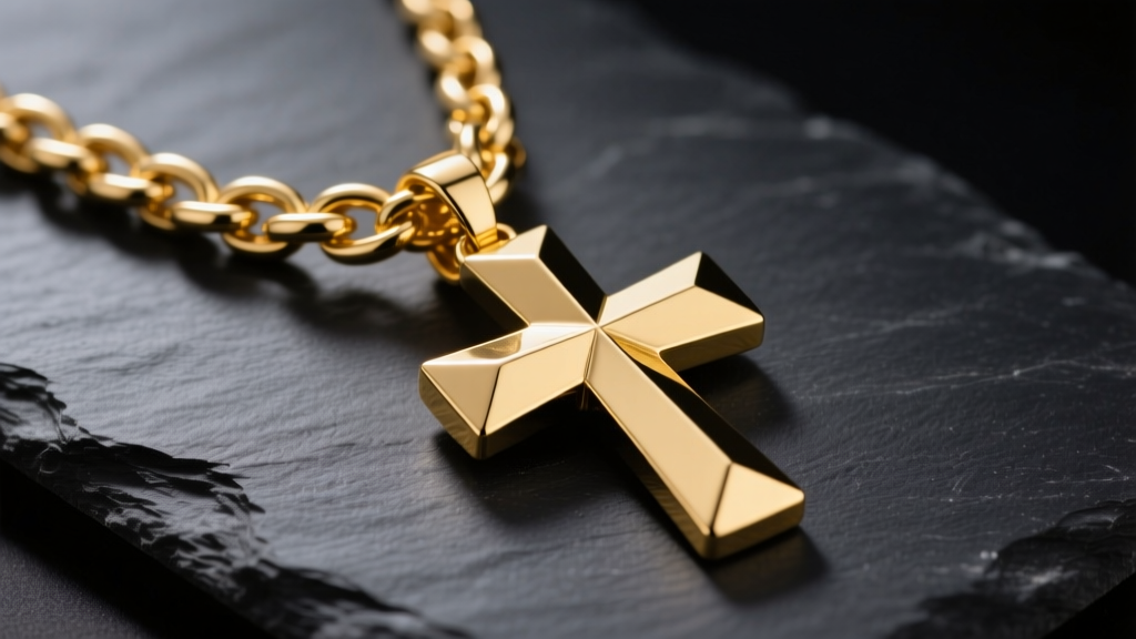 A heavy 14k yellow gold chunky cross necklace resting on a dark slate surface, illuminated by soft directional studio lighting.