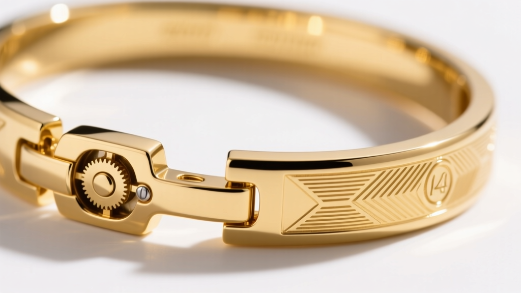Macro photography of a polished 14k yellow gold bangle jewelry hinge and push-button clasp mechanism showing intricate metalwork