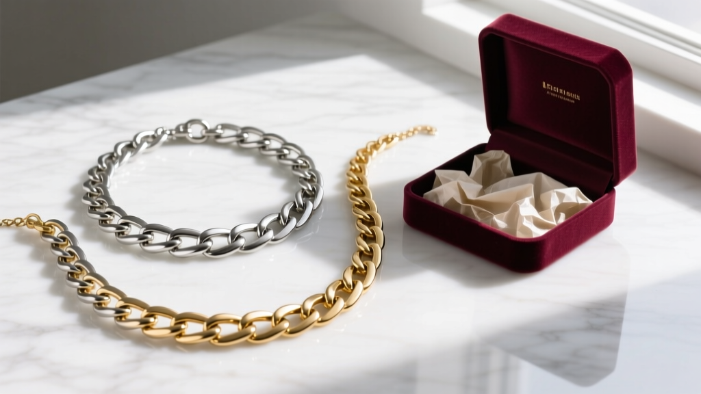 Flat lay of three large chain link necklaces in mixed silver and gold tones on a marble surface next to an open velvet gift box.
