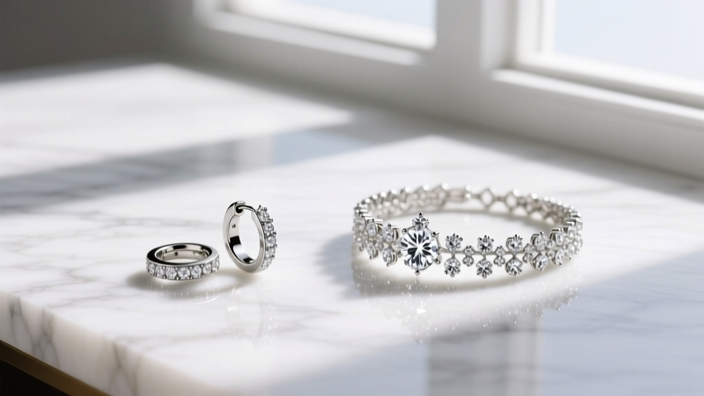 Flat lay of Tanishq Mia lightweight diamond huggies and Zoya high-jewelry chandeliers side-by-side on a white marble surface.