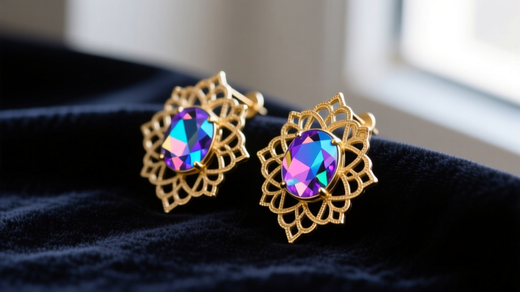 Close-up of 1950s West Germany vintage earrings with aurora borealis rhinestones and gold filigree on dark velvet.