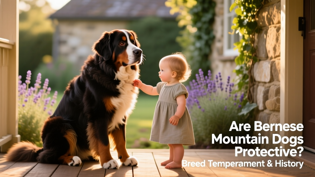A Bernese Mountain Dog sitting attentively beside a toddler on a sunlit porch