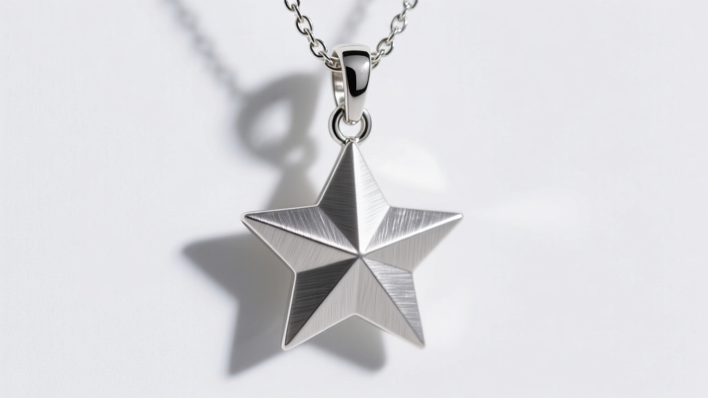 Close-up of a brushed star sterling silver pendant on an Argentium chain, highlighting the metal texture and secure lobster clasp