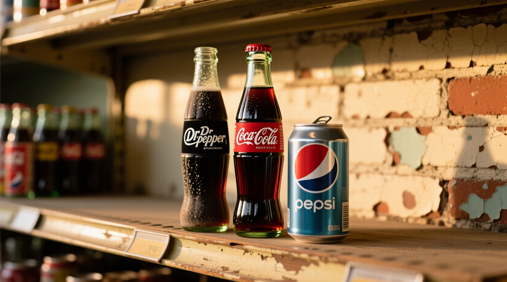 Dr Pepper bottle next to Coca-Cola and Pepsi