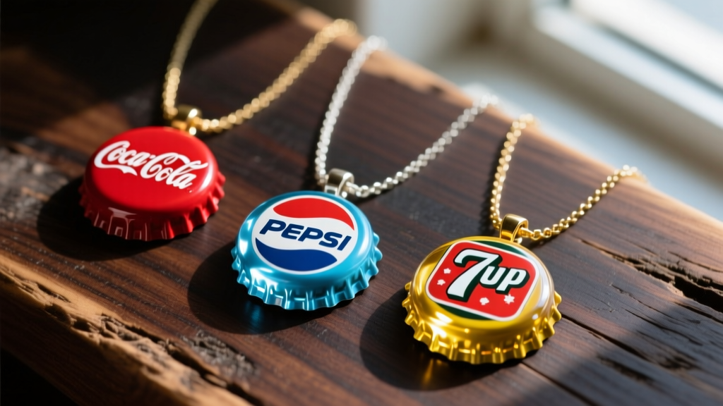 Flat lay of three upcycled bottle cap necklaces with vintage soda logos, filled with clear epoxy resin on rustic dark wood