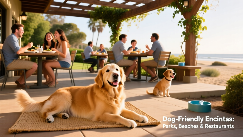 A happy dog resting on the outdoor patio of a dog-friendly restaurant, with people dining nearby