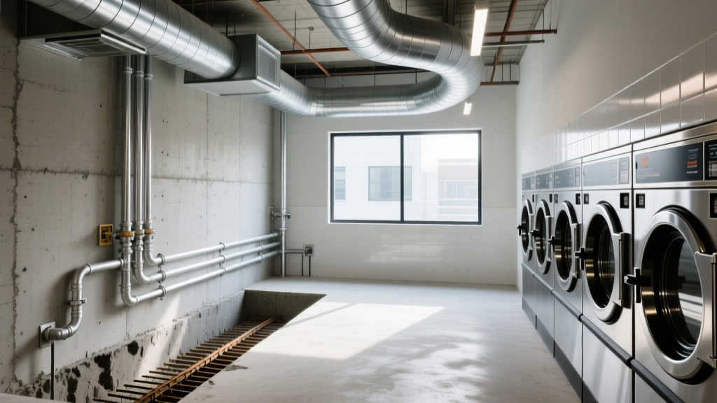 Modern laundromat under construction showing exposed HVAC ductwork, concrete trenching, and commercial washer plumbing hookups