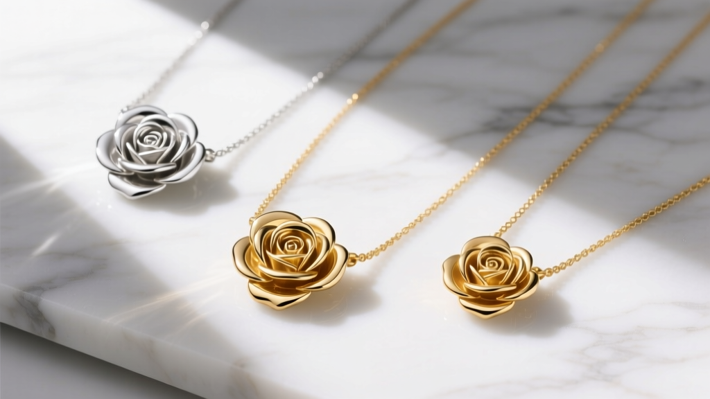 Flat lay of three rose motif necklaces in silver, gold vermeil, and 14k gold, arranged on white marble with natural sunlight.