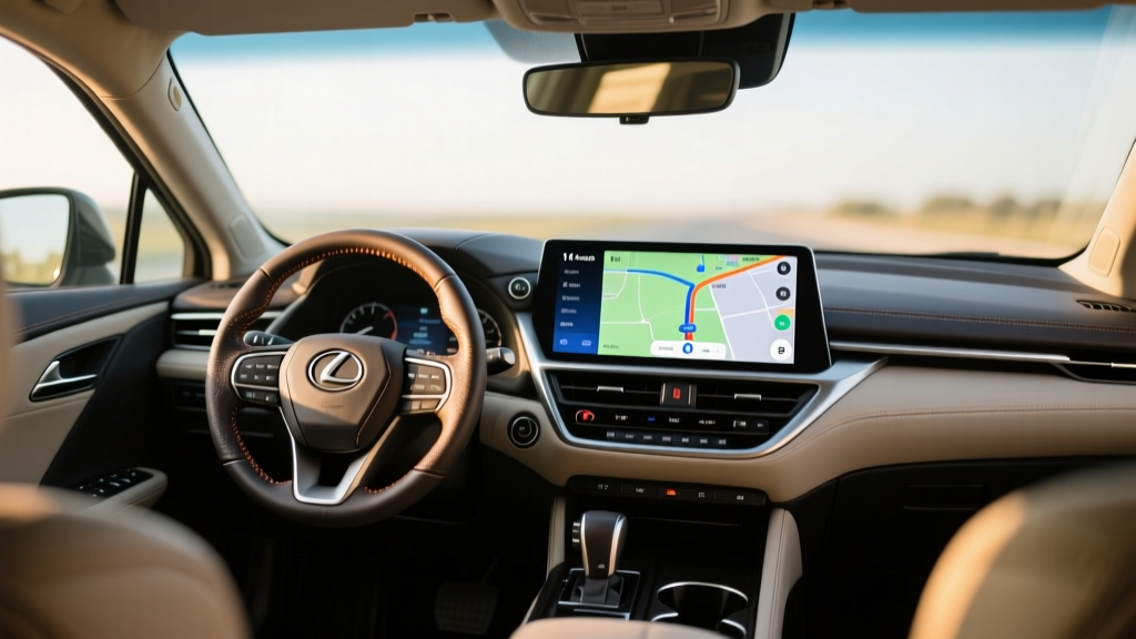 Interior dashboard view of the Lexus RX 500h showing the 14-inch touchscreen infotainment system and F SPORT heated steering wheel