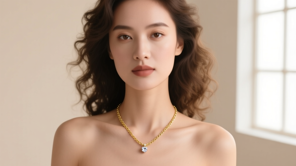 Woman wearing an 18 inch gold chain necklace with a small diamond pendant resting perfectly on her collarbone in soft lighting