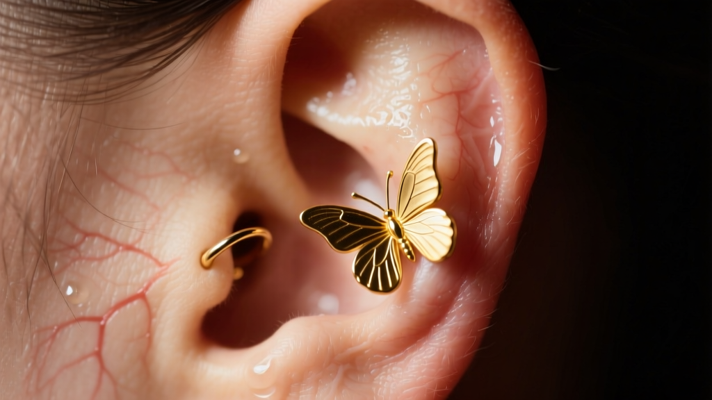 Macro shot of a swollen earlobe with a gold butterfly earring back partially embedded in the skin, under soft clinical lighting.