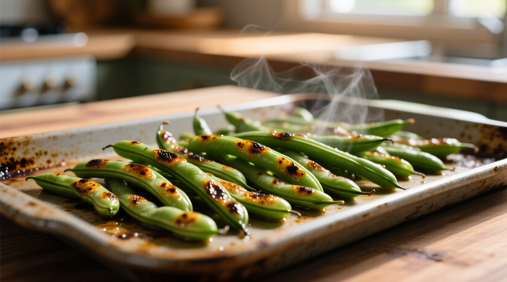 Perfectly roasted green beans with caramelized edges on baking sheet