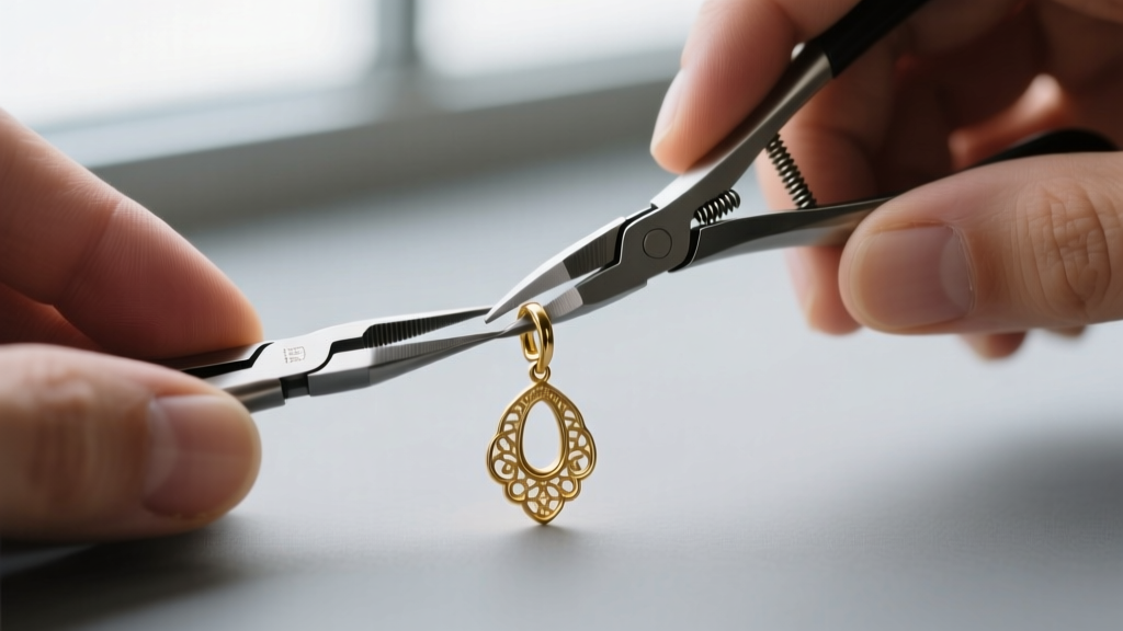 Jeweler hands using precision flat-nose pliers to gently adjust the tension spring on a vintage 1980s gold clip-on earring back.